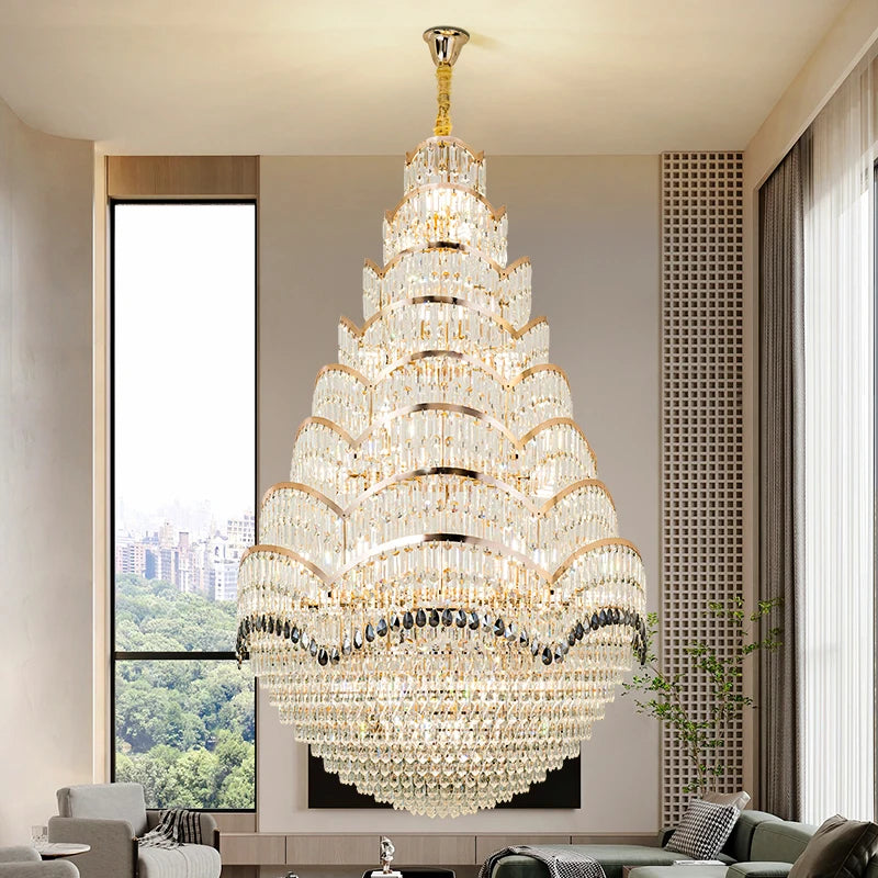Grand lustre pendentif en cristal pour espaces à haut plafond