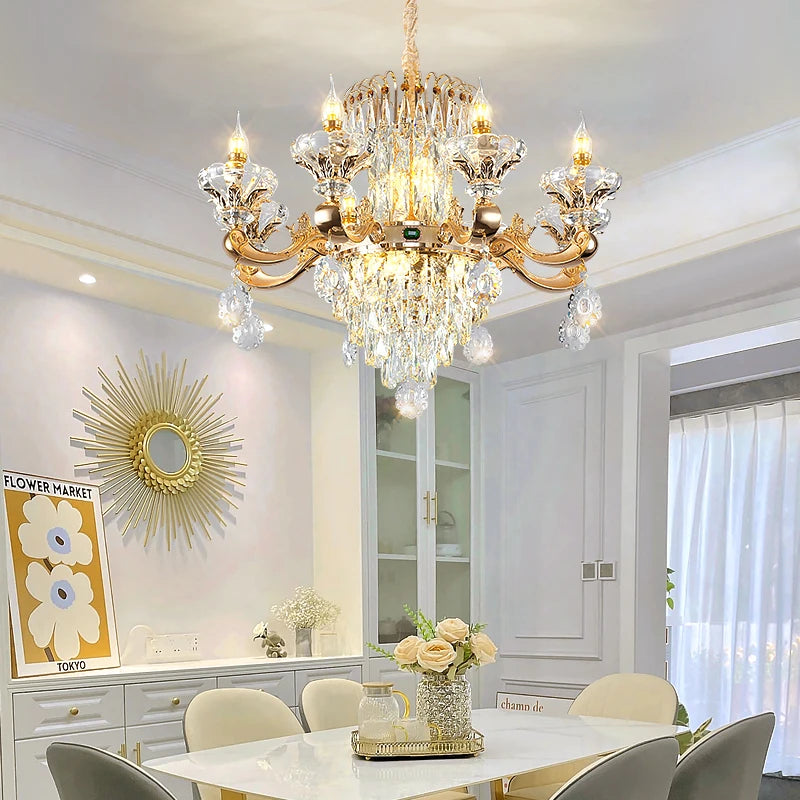 Lustre Bougie Cristal Doré pour Villa Duplex et Hall d'Hôtel