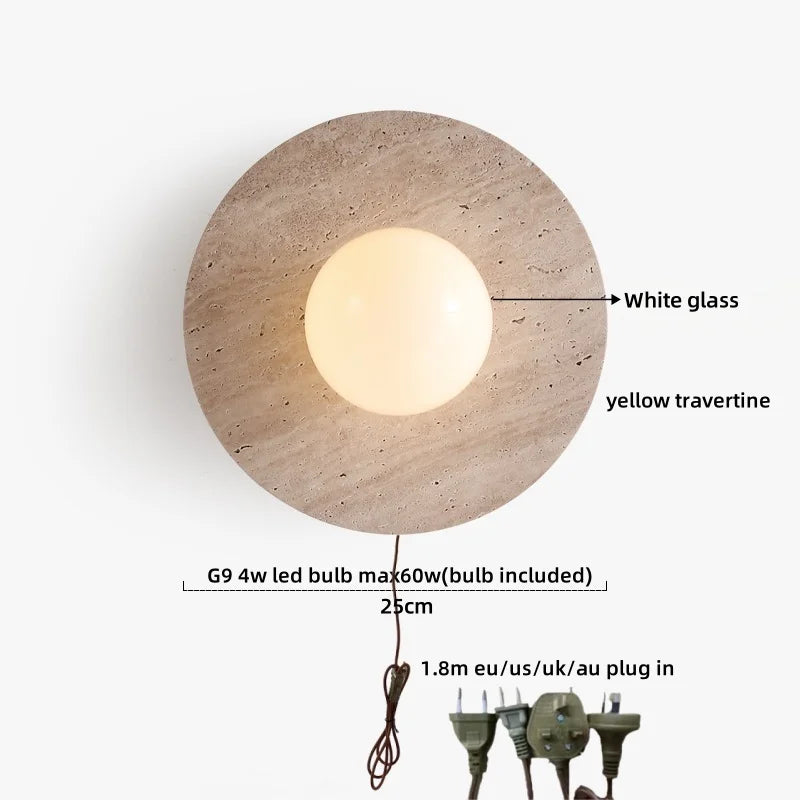 Applique murale LED Sophie en travertin jaune et bois Wabi Sabi