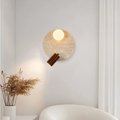 Applique murale LED Sophie en travertin jaune et bois Wabi Sabi