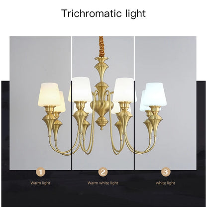 Lustre de plafond classique en cuivre avec abat-jour en verre dépoli pour salon