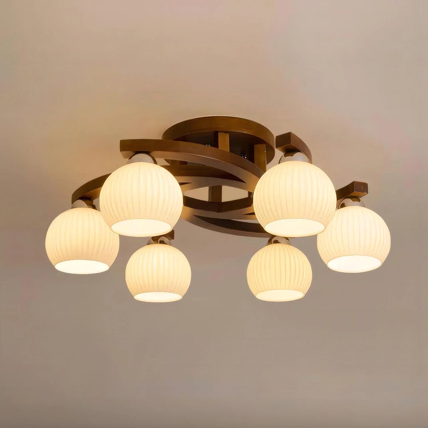 Camille Walnut Glass Globe LED Ceiling Light Wabi Sabi Style