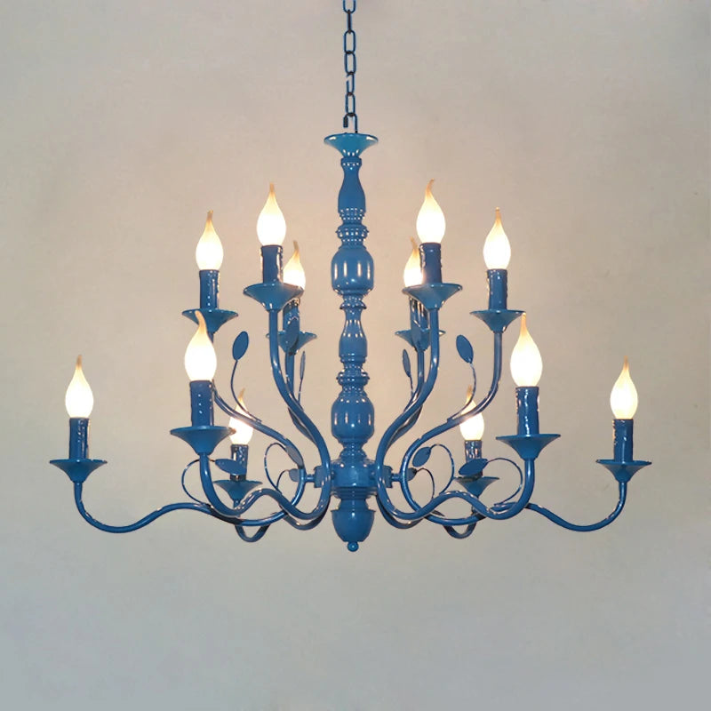 Lustre rustique de luxe en fer forgé avec lumières LED bougies bleues pour salon