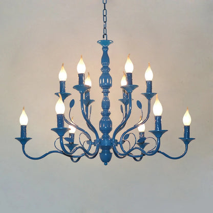 Lustre rustique de luxe en fer forgé avec lumières LED bougies bleues pour salon