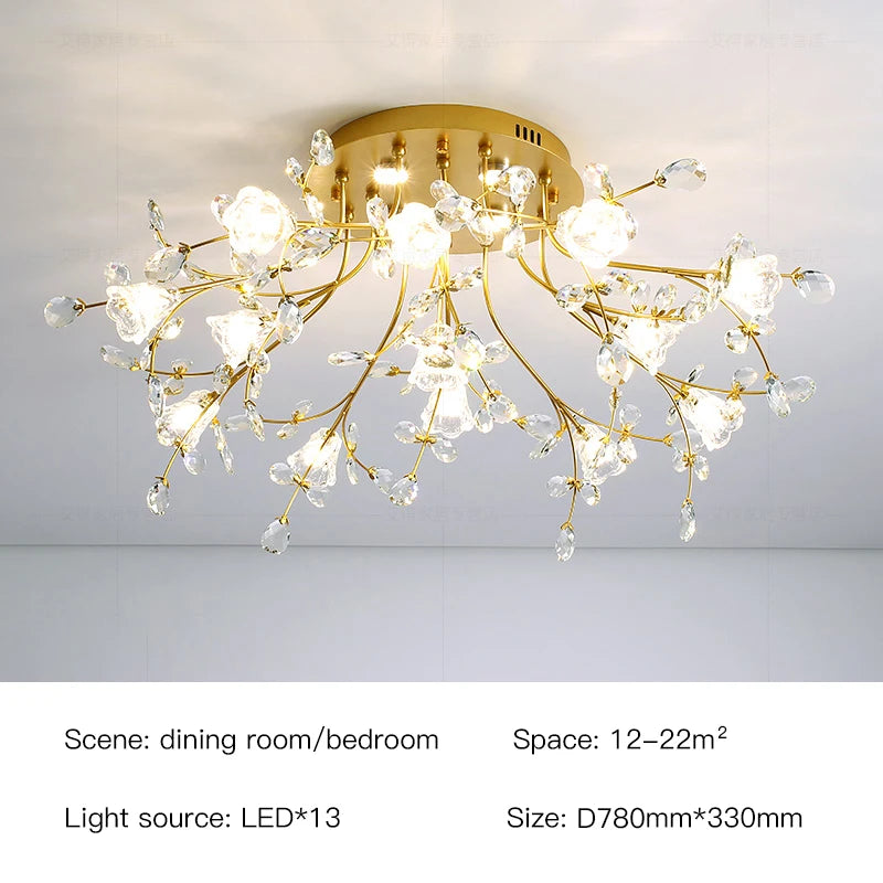 Plafonnier Eléonore en forme d'arbre, branches en cristal doré