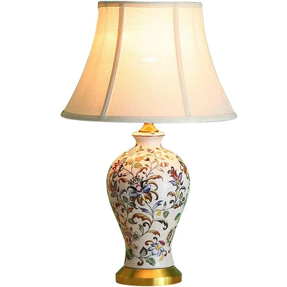 Lampadaire LED en céramique peinte rétro avec abat-jour en tissu plissé