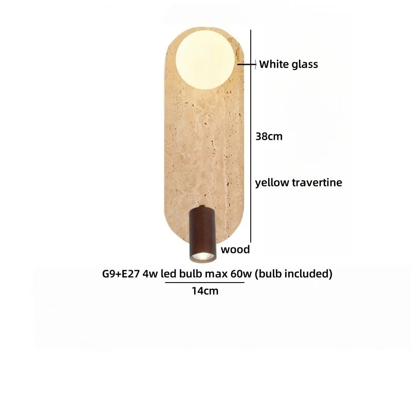 Applique murale LED Sophie en travertin jaune et bois Wabi Sabi