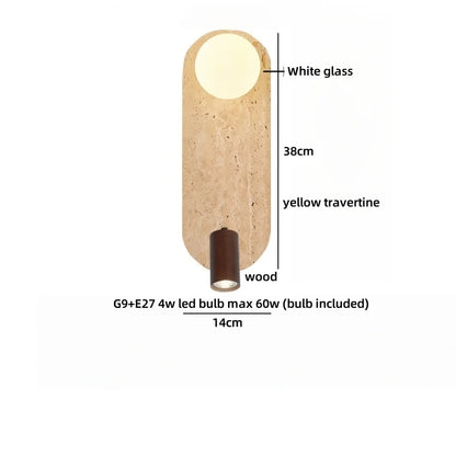 Applique murale LED Sophie en travertin jaune et bois Wabi Sabi