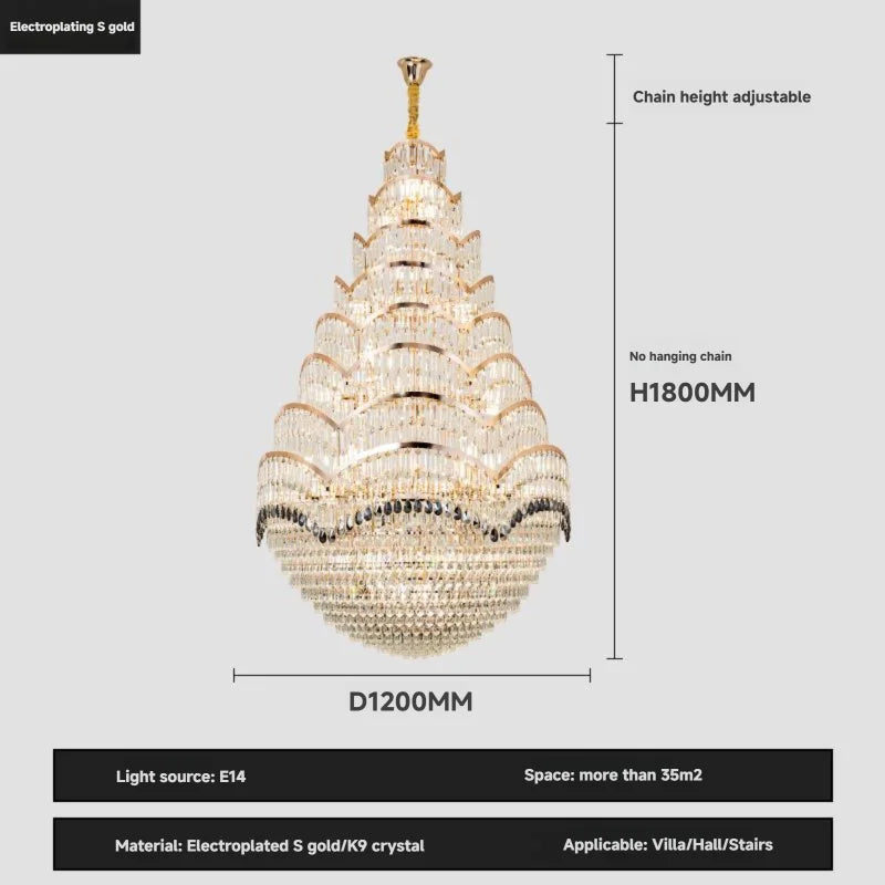 Grand lustre pendentif en cristal pour espaces à haut plafond