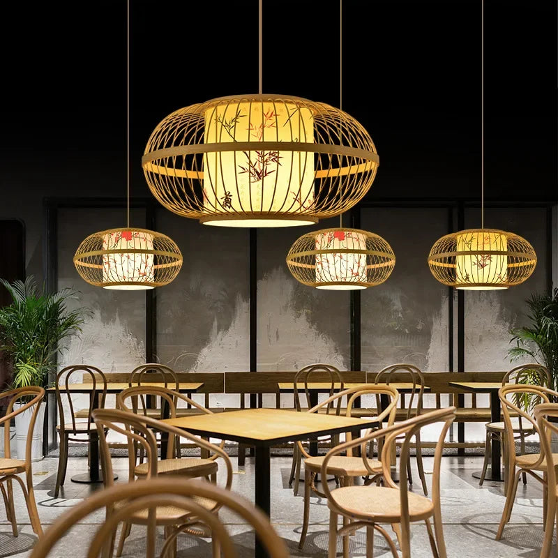 Suspension Élysée Bambou Zen Lanterne E27 Style Chinois Lumière Tressée