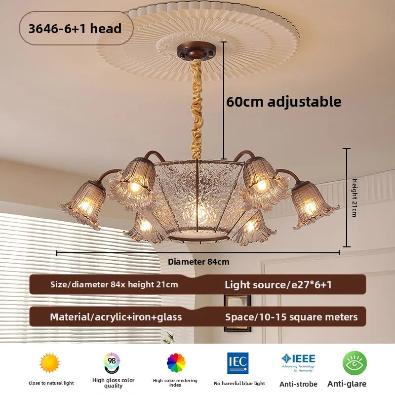 Lustre suspendu LED en verre floral vintage
