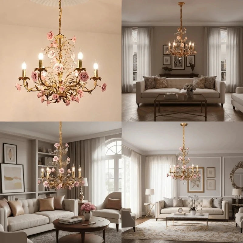 Suspension Chloé Fleur en céramique or rose à 5 lumières