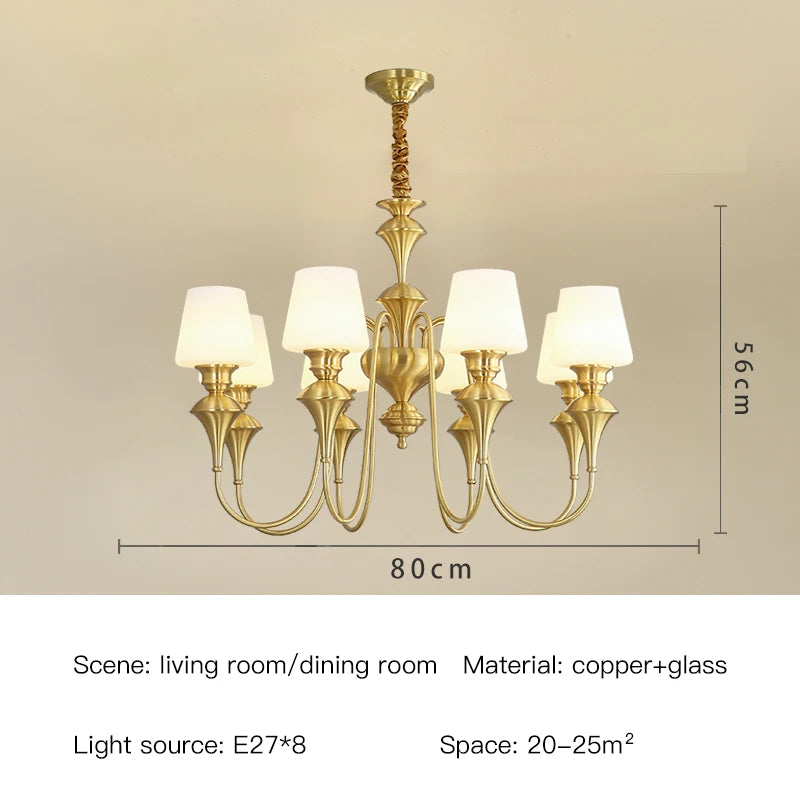Lustre de plafond classique en cuivre avec abat-jour en verre dépoli pour salon
