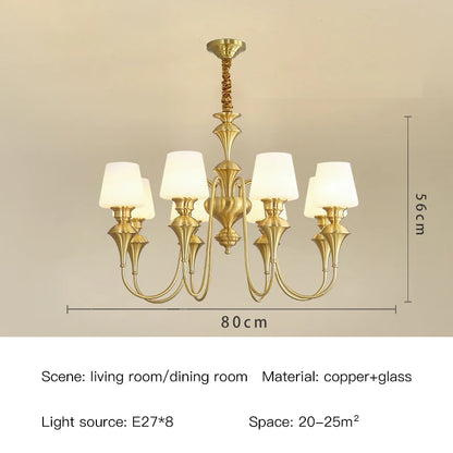 Lustre de plafond classique en cuivre avec abat-jour en verre dépoli pour salon