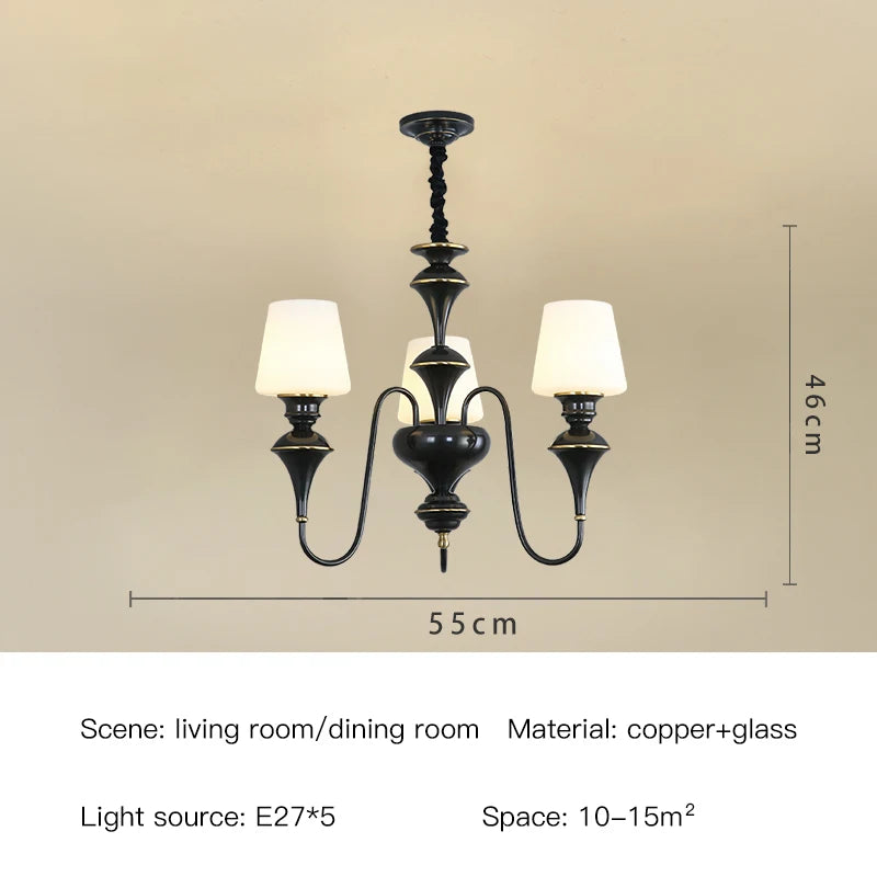 Lustre de plafond classique en cuivre avec abat-jour en verre dépoli pour salon