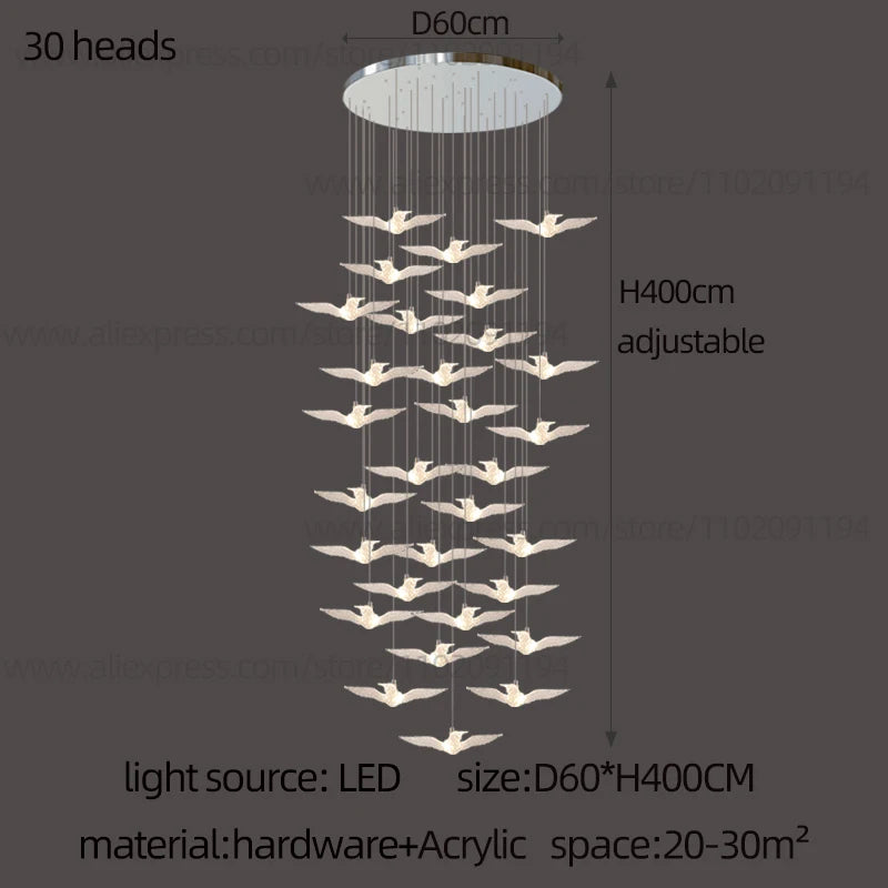 Lustre suspension d'escalier LED Delphine Swallow Bird