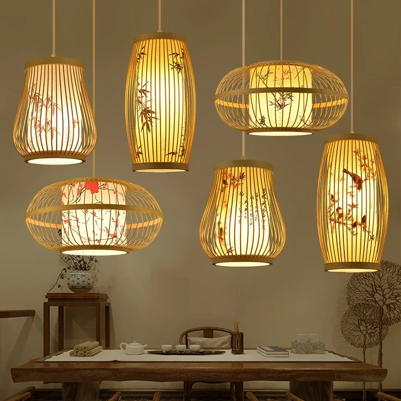 Suspension Élysée Bambou Zen Lanterne E27 Style Chinois Lumière Tressée