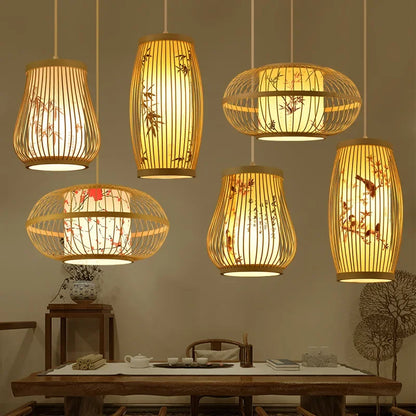 Suspension Élysée Bambou Zen Lanterne E27 Style Chinois Lumière Tressée