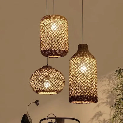 Élise Japanese Rattan Pendant Light E27 Woven LED Chandelier Beige