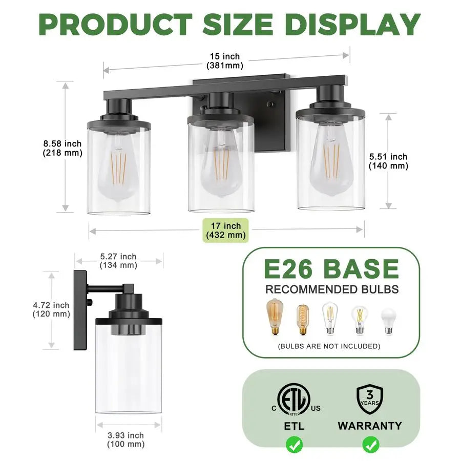 Applique murale de salle de bain Élodie 3 lumières noire pour miroir 43 cm
