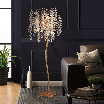 Lampadaire LED doré Aurélien en forme de branche d'arbre en cristal