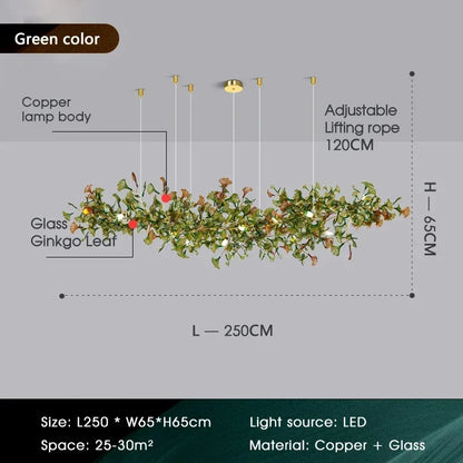 Lustre de luxe en forme de feuille de ginkgo et de branche en verre