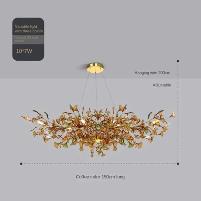 Lustre de luxe en forme de feuille de ginkgo et de branche en verre