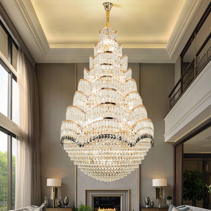 Grand lustre pendentif en cristal pour espaces à haut plafond