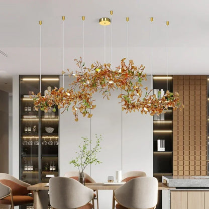 Lustre de luxe en forme de feuille de ginkgo et de branche en verre