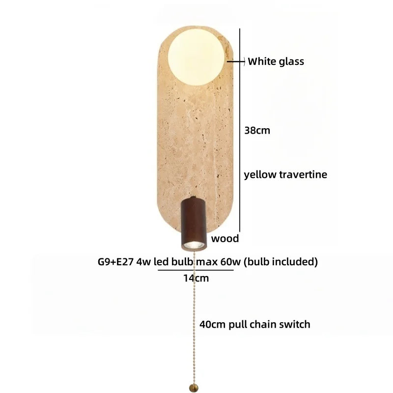Applique murale LED Sophie en travertin jaune et bois Wabi Sabi