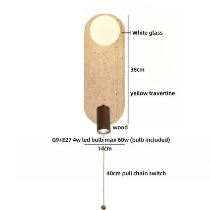 Applique murale LED Sophie en travertin jaune et bois Wabi Sabi
