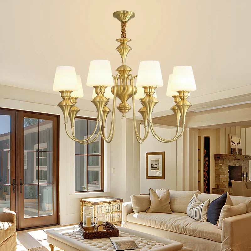 Lustre de plafond classique en cuivre avec abat-jour en verre dépoli pour salon