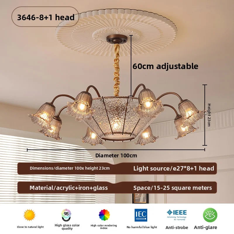 Lustre suspendu LED en verre floral vintage
