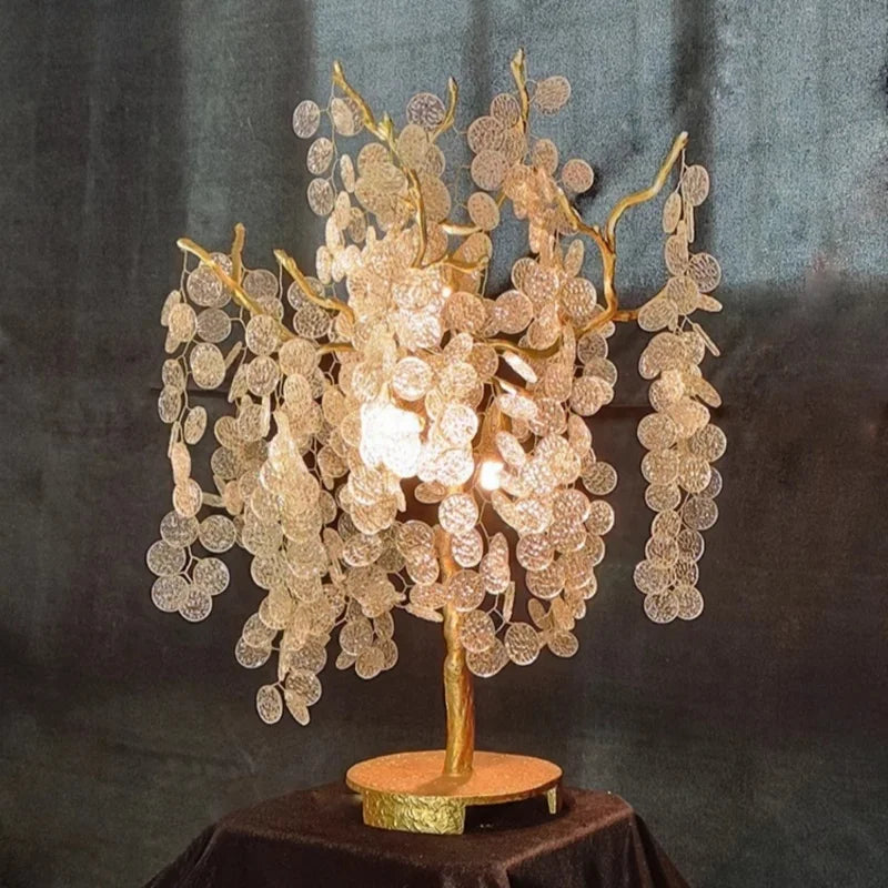 Lampadaire LED doré Aurélien en forme de branche d'arbre en cristal