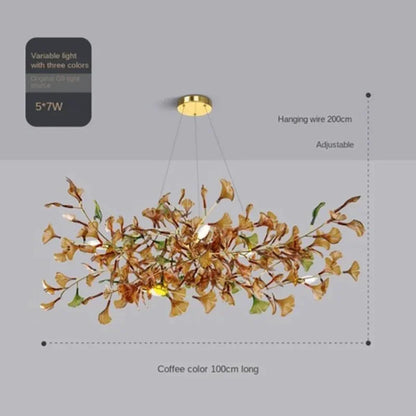 Lustre de luxe en forme de feuille de ginkgo et de branche en verre