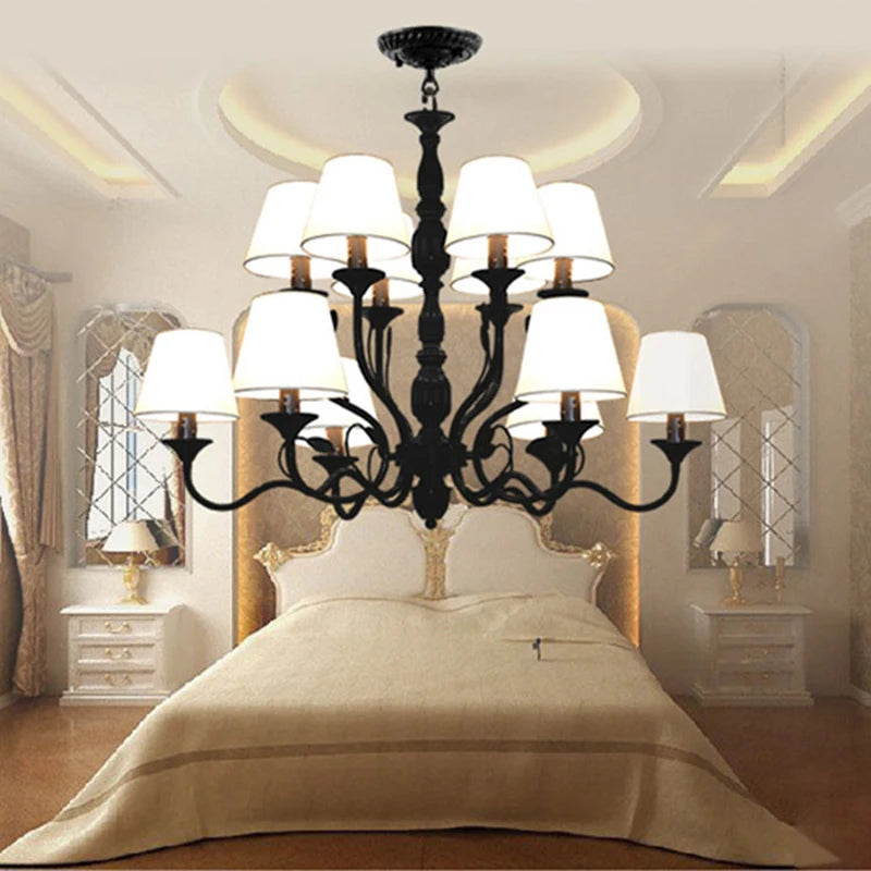 Lustre rustique de luxe en fer forgé avec lumières LED bougies bleues pour salon