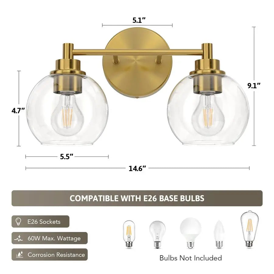 Élodie 2-Light Globe Vanity Wall Light E26 Glass Fixture