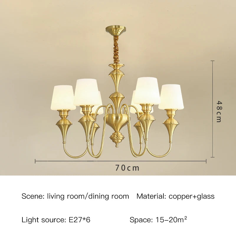 Lustre de plafond classique en cuivre avec abat-jour en verre dépoli pour salon