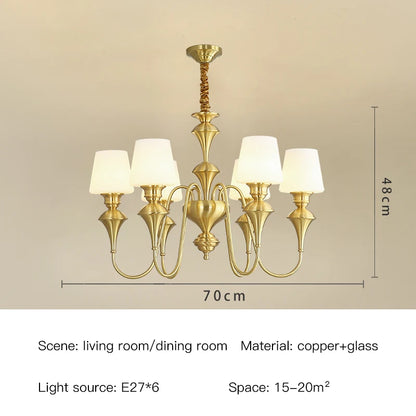 Lustre de plafond classique en cuivre avec abat-jour en verre dépoli pour salon