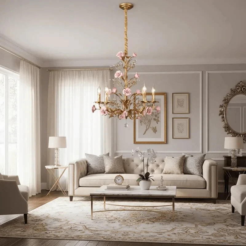 Suspension Chloé Fleur en céramique or rose à 5 lumières