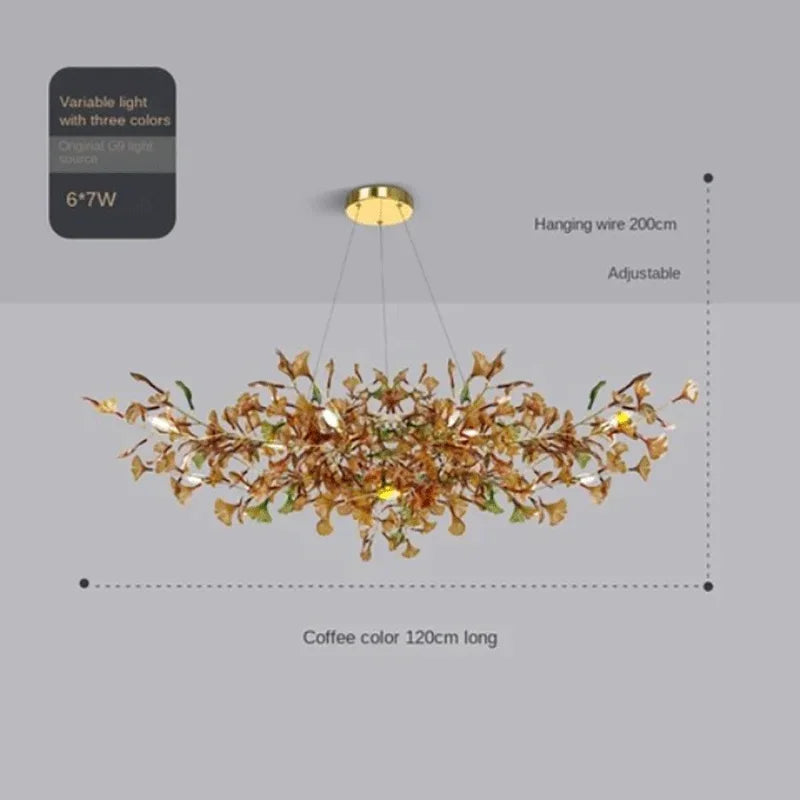 Lustre de luxe en forme de feuille de ginkgo et de branche en verre