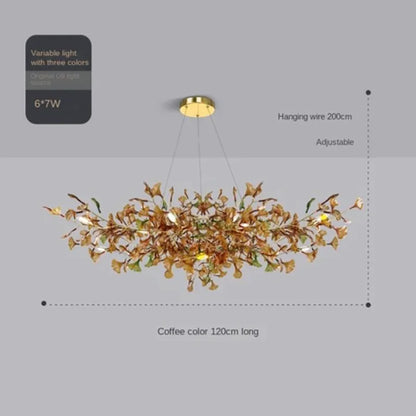 Lustre de luxe en forme de feuille de ginkgo et de branche en verre