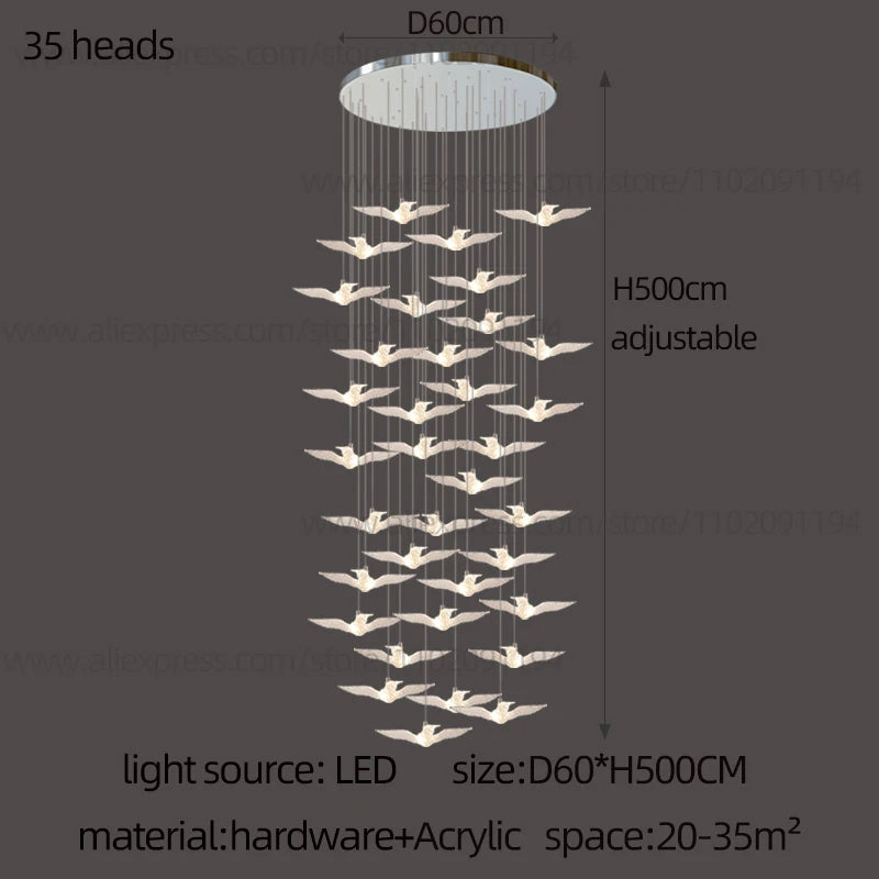 Lustre suspension d'escalier LED Delphine Swallow Bird