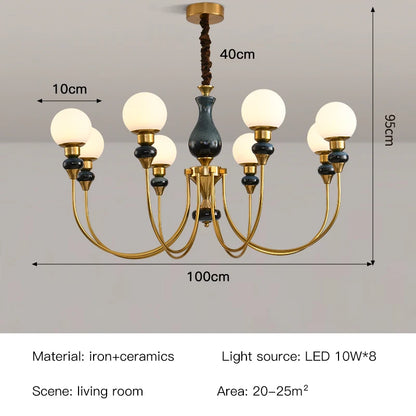 Lustre en céramique doré, minimaliste et rétro, avec lumières LED pour chambre et loft
