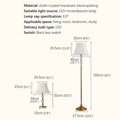 Lampadaire d'angle de canapé Camille rétro en cuivre avec cristaux et LED