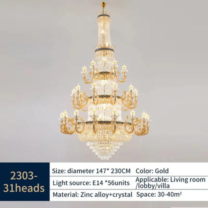 Lustre Bougie Cristal Doré pour Villa Duplex et Hall d'Hôtel