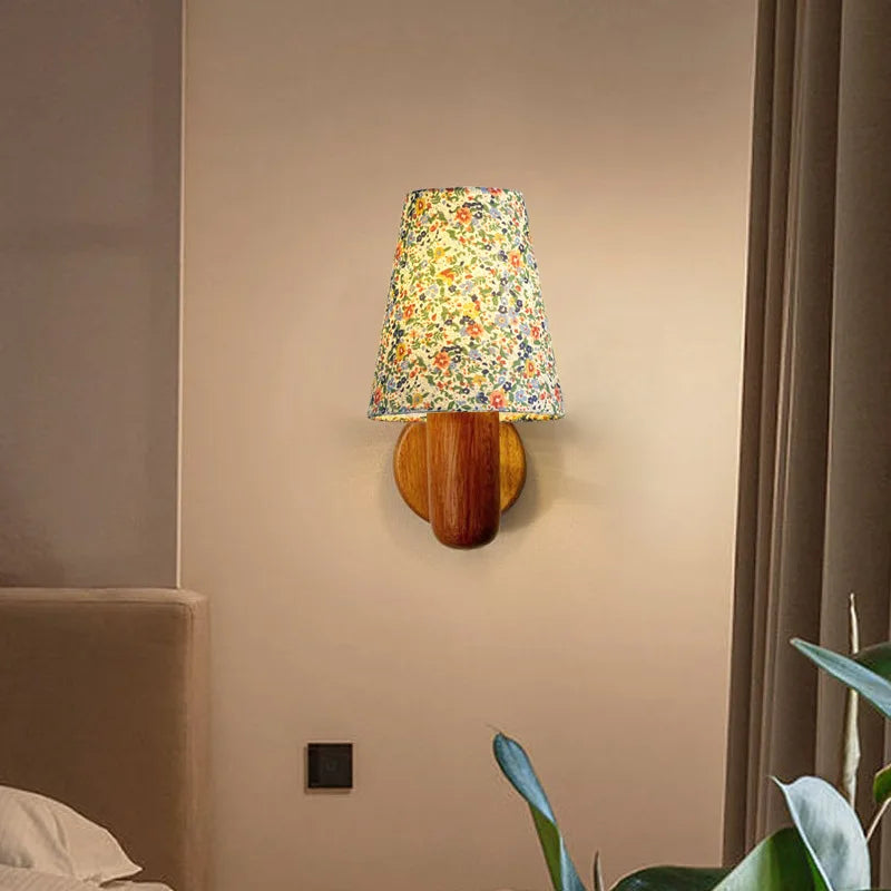 Élodie Fabric Shade Wall Lamp with Wooden Base Switch