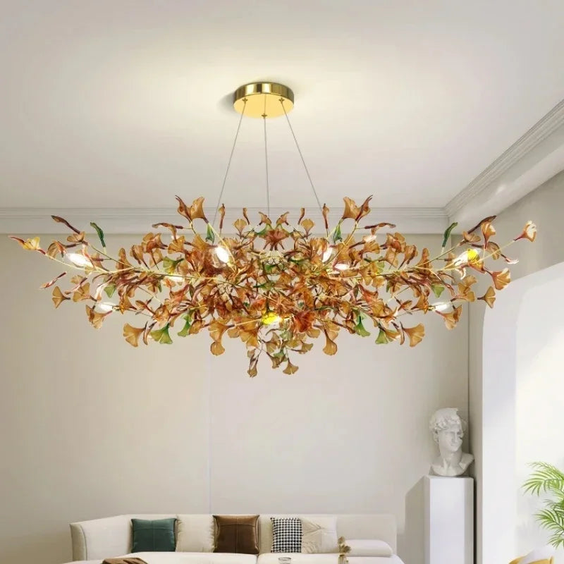 Lustre de luxe en forme de feuille de ginkgo et de branche en verre