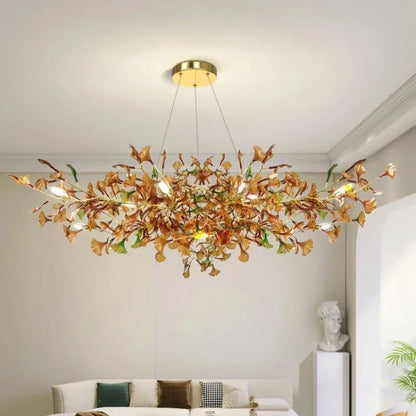 Lustre de luxe en forme de feuille de ginkgo et de branche en verre