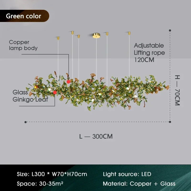 Lustre de luxe en forme de feuille de ginkgo et de branche en verre